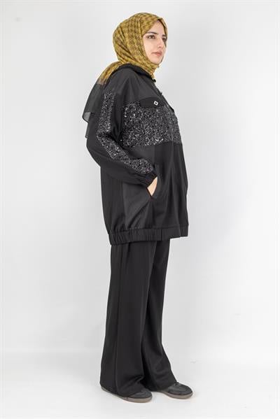 Payet Detaylı Fermuarlı Kapüşonlu İkili Takım Siyah OTW2683
