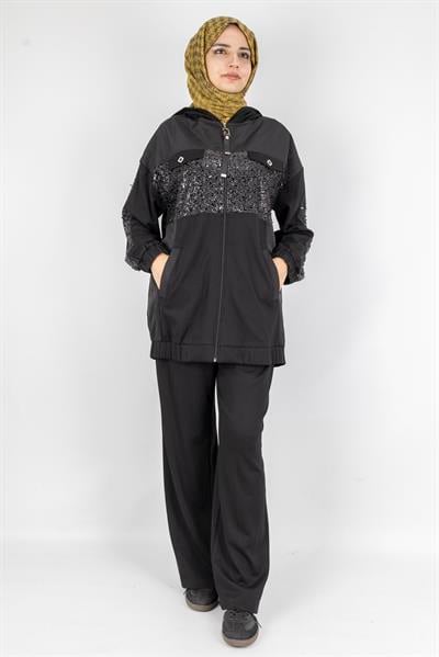 Payet Detaylı Fermuarlı Kapüşonlu İkili Takım Siyah OTW2683