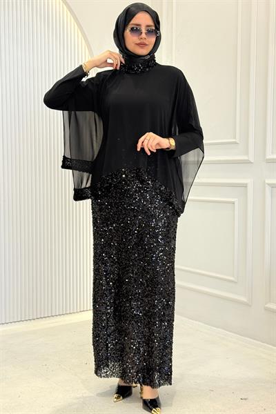Payet Detaylı Şifon Pelerinli Abiye Elbise Siyah OTW4728