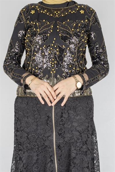 Payet ve Boncuk İşlemeli İthal Bluz Gold OTW615