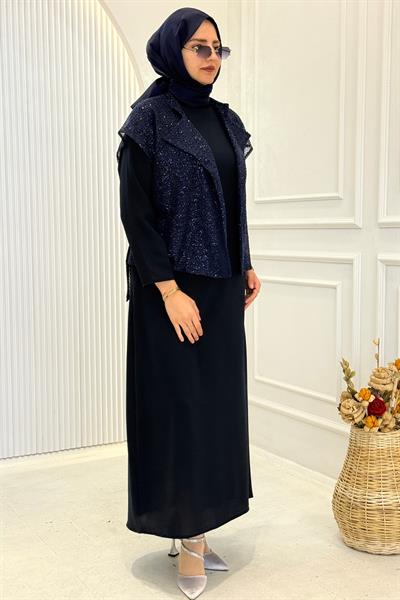Payetli Yelekli Elbise Takım Lacivert OTW7271