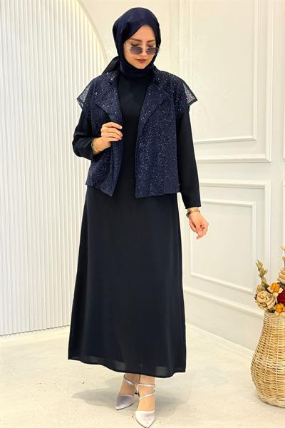 Payetli Yelekli Elbise Takım Lacivert OTW7271