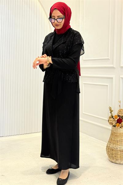 Payetli Yelekli Elbise Takım Siyah OTW7271