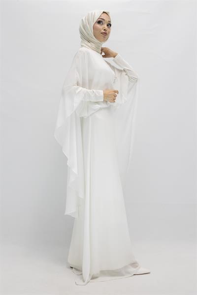 Pelerinli Şifon Tesettür Abiye Elbise Beyaz OTW6287