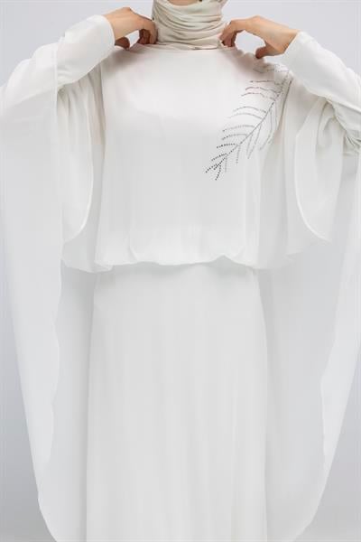 Pelerinli Şifon Tesettür Abiye Elbise Beyaz OTW6287