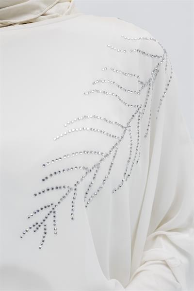 Pelerinli Şifon Tesettür Abiye Elbise Beyaz OTW6287