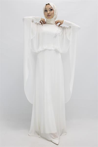 Pelerinli Şifon Tesettür Abiye Elbise Beyaz OTW6287
