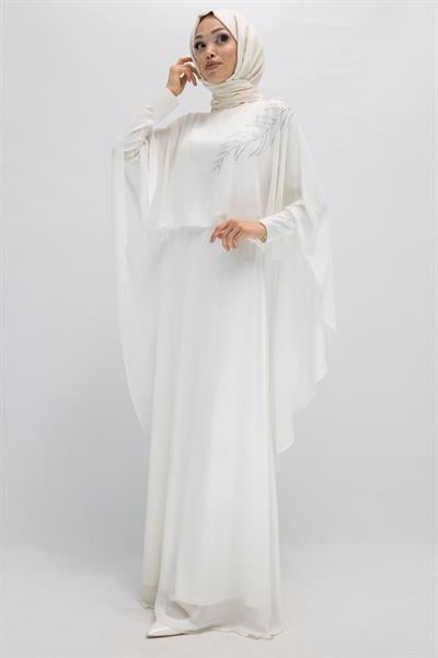 Pelerinli Şifon Tesettür Abiye Elbise Beyaz OTW6287
