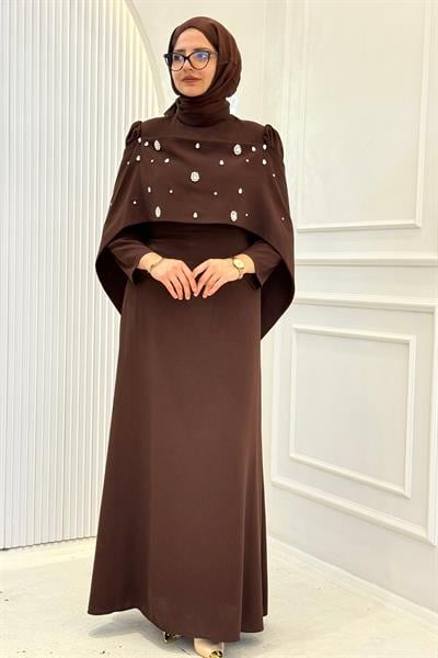 Pelerinli Taş İşlemeli Siyah Abiye Kahve OTW4901