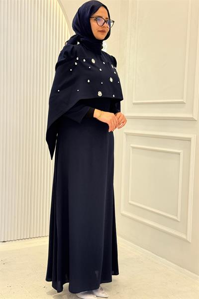 Pelerinli Taş İşlemeli Siyah Abiye Lacivert OTW4901
