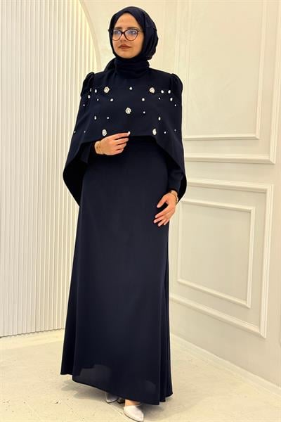 Pelerinli Taş İşlemeli Siyah Abiye Lacivert OTW4901