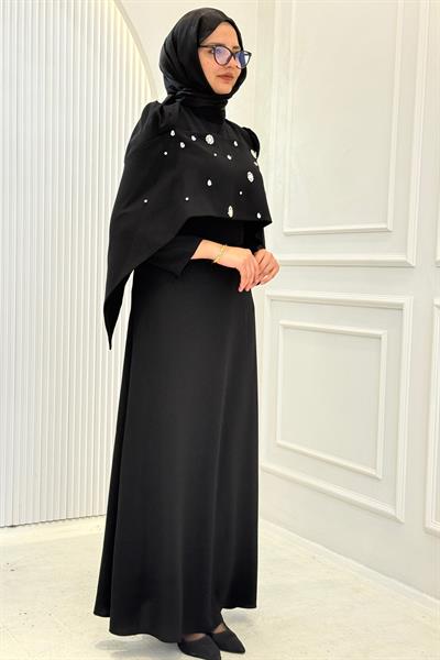 Pelerinli Taş İşlemeli Siyah Abiye Siyah OTW4901