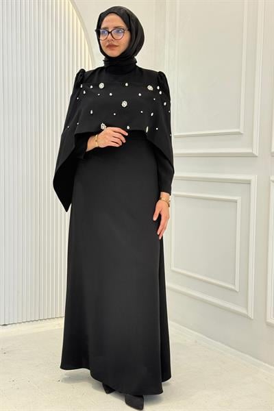 Pelerinli Taş İşlemeli Siyah Abiye Siyah OTW4901