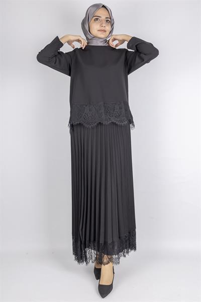 Pileli Şifon Dantel Detaylı Uzun Etek Siyah OTW403
