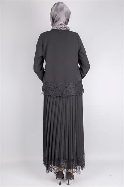 Pileli Şifon Dantel Detaylı Uzun Etek Siyah OTW403