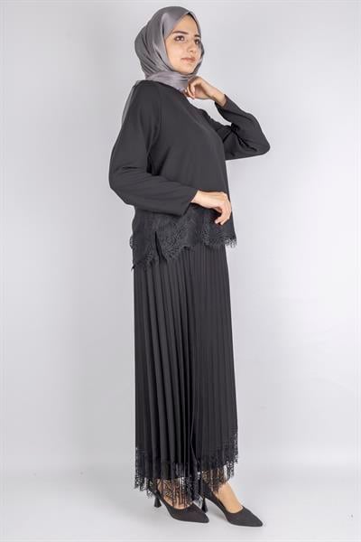 Pileli Şifon Dantel Detaylı Uzun Etek Siyah OTW403