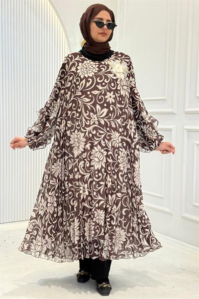 Piliseli Şifon Çiçek Desenli Büyük Beden Elbise Kahve OTW6003