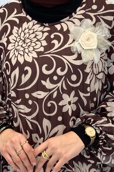 Piliseli Şifon Çiçek Desenli Büyük Beden Elbise Kahve OTW6003