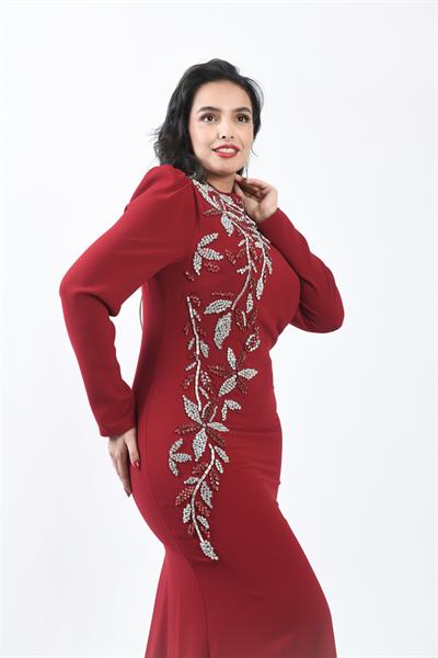 Prenses Omuzlu Asimetrik Taş İşlemeli Uzun Abiye Bordo OTW3135