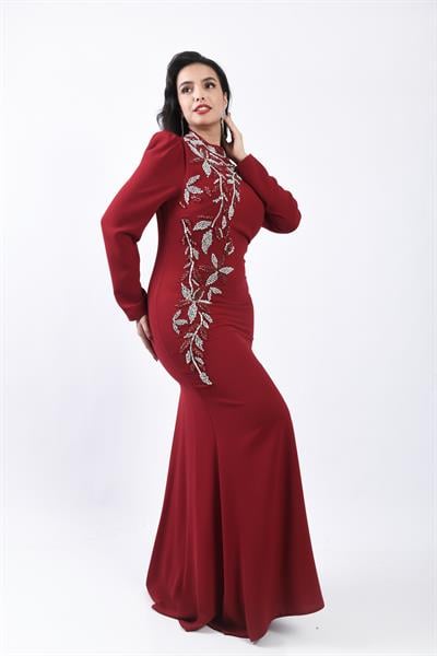 Prenses Omuzlu Asimetrik Taş İşlemeli Uzun Abiye Bordo OTW3135