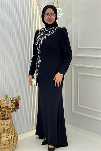 Prenses Omuzlu Asimetrik Taş İşlemeli Uzun Abiye Lacivert OTW3135