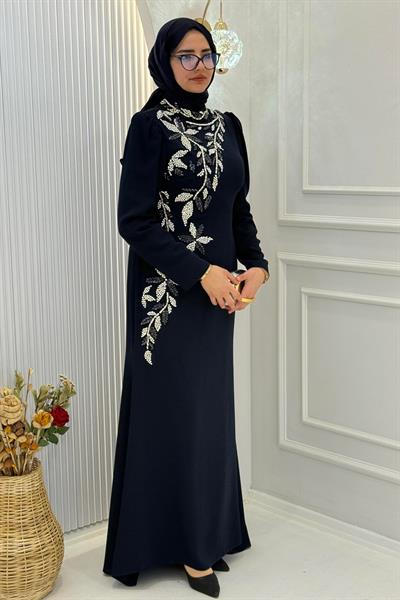Prenses Omuzlu Asimetrik Taş İşlemeli Uzun Abiye Lacivert OTW3135