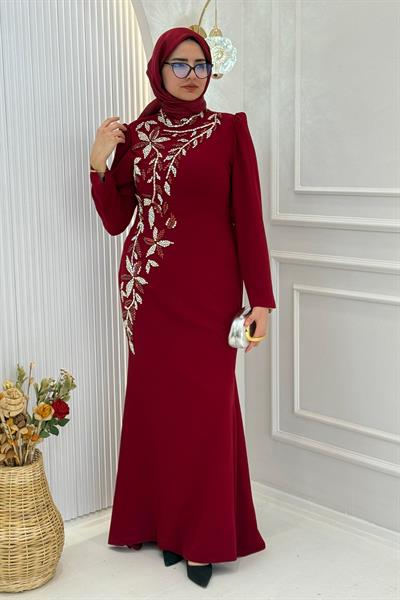 Prenses Omuzlu Asimetrik Taş İşlemeli Uzun Abiye Bordo OTW3135