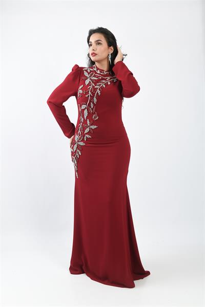 Prenses Omuzlu Asimetrik Taş İşlemeli Uzun Abiye Bordo OTW3135