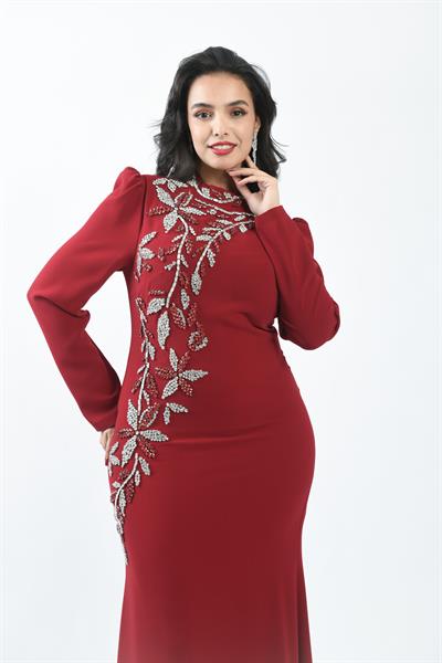 Prenses Omuzlu Asimetrik Taş İşlemeli Uzun Abiye Bordo OTW3135