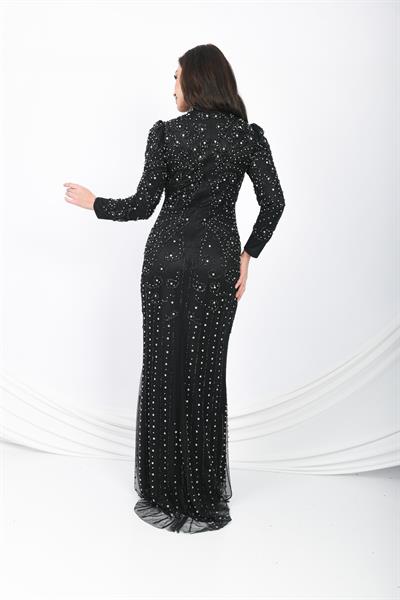 Prenses Omuzlu Taş İşlemeli Abiye Siyah OTW3141