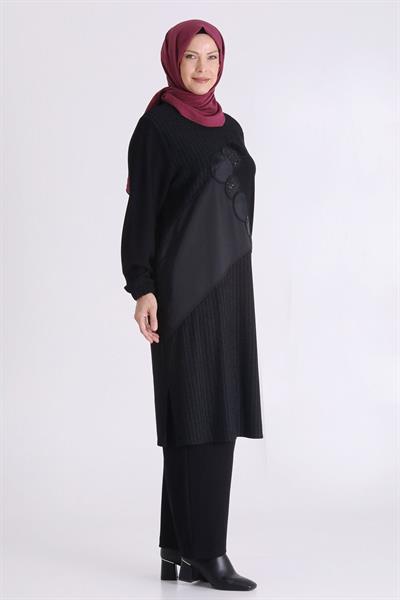 Pul Detaylı Asimetrik Tesettür Pantolonlu Takım Siyah OTW3551