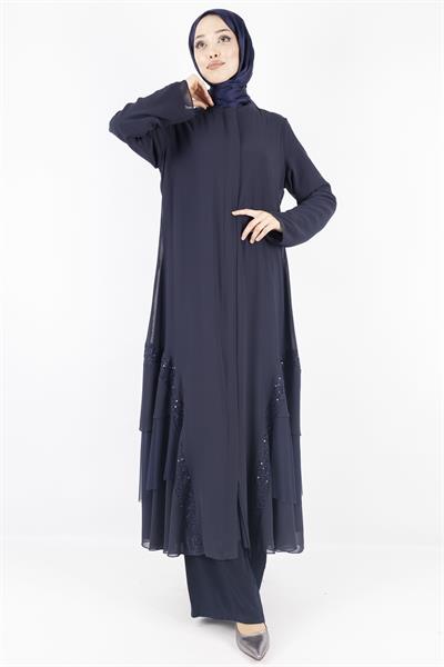 Pul Payet Detaylı Katlı Şifon Ferace Lacivert OTW36246