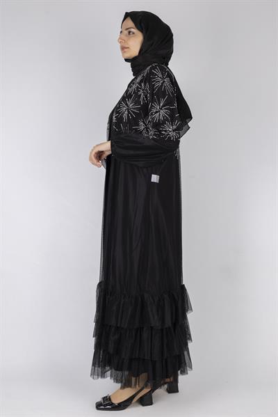 Pul Payet İşlemeli Kat Kat Abaya Siyah OTW6233