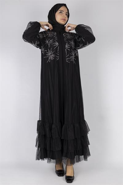 Pul Payet İşlemeli Kat Kat Abaya Siyah OTW6233