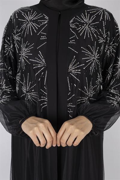 Pul Payet İşlemeli Kat Kat Abaya Siyah OTW6233