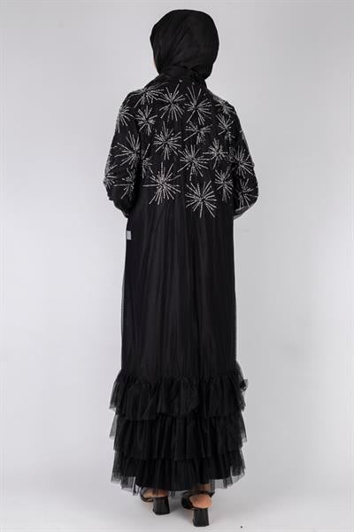 Pul Payet İşlemeli Kat Kat Abaya Siyah OTW6233