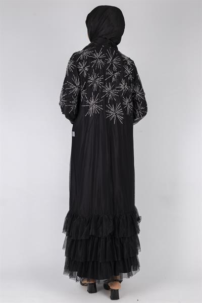 Pul Payet İşlemeli Kat Kat Abaya Siyah OTW6233