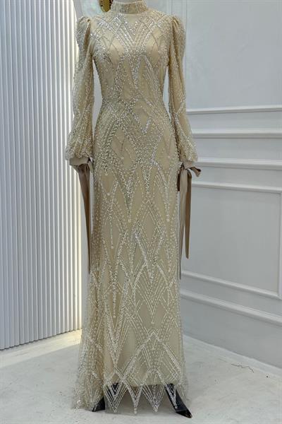 Pul Payet İşlemeli Tesettür Abiye Elbise Taş OTW6108