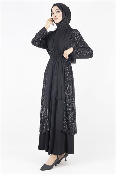 Pullu Abayalı Abiye Takım Siyah OTW812