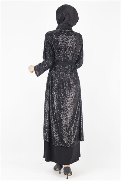 Pullu Abayalı Abiye Takım Siyah OTW812