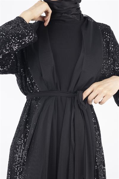 Pullu Abayalı Abiye Takım Siyah OTW812