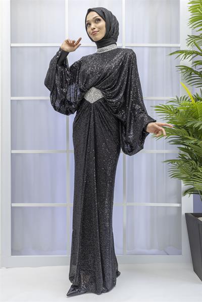 PULLU KEMER VE YAKASI TAŞ DETAYLI ABİYE ELBİSE Siyah OTW8113