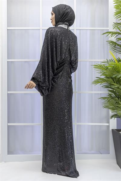 PULLU KEMER VE YAKASI TAŞ DETAYLI ABİYE ELBİSE Siyah OTW8113