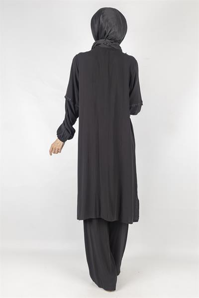 Püskül Detaylı Yıkanmış Viskon Kumaş Takım Siyah OTW454