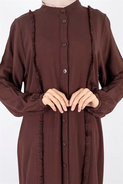 Püskül Detaylı Yıkanmış Viskon Kumaş Takım Kahve OTW454