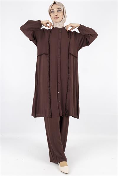 Püskül Detaylı Yıkanmış Viskon Kumaş Takım Kahve OTW454