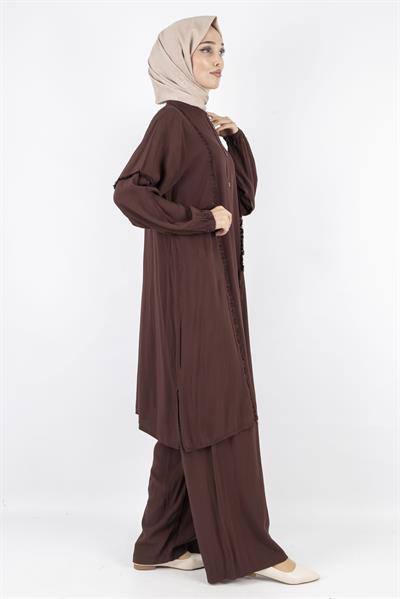 Püskül Detaylı Yıkanmış Viskon Kumaş Takım Kahve OTW454