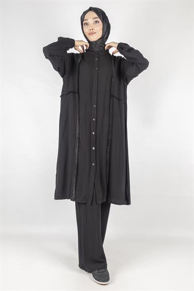 Püskül Detaylı Yıkanmış Viskon Kumaş Takım Siyah OTW454