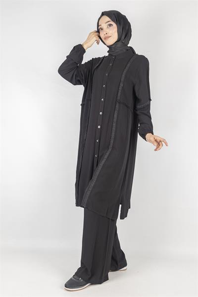 Püskül Detaylı Yıkanmış Viskon Kumaş Takım Siyah OTW454