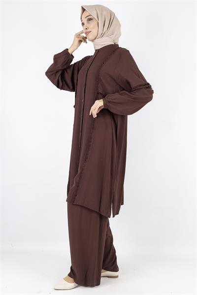 Püskül Detaylı Yıkanmış Viskon Kumaş Takım Kahve OTW454